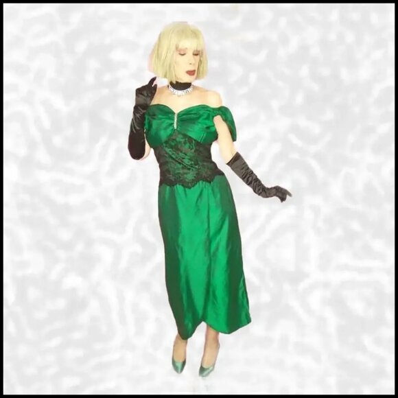 Green Formal Gown, TEA LENGTH with Black Lace Corset VFG Vintage 80s DRAMA - Picture 6 of 16